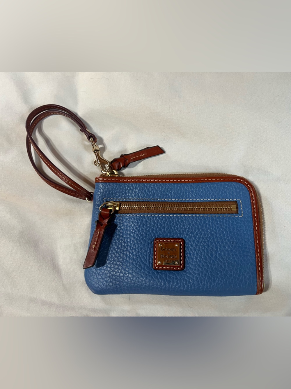 Dooney & Bourke Blue Pebbled Leather Wristlet with Brown Trim